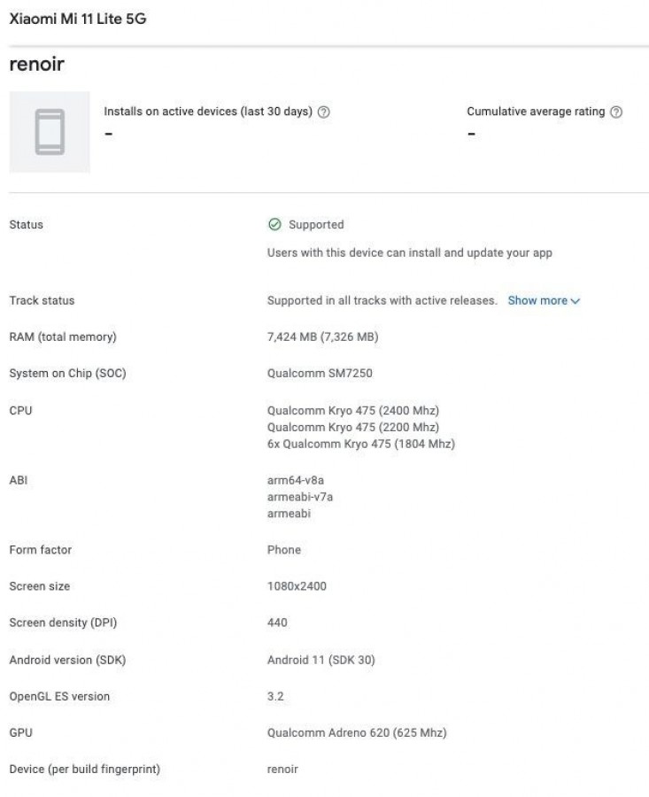 Xiaomi Mi 11 Lite 5G Google Play Console